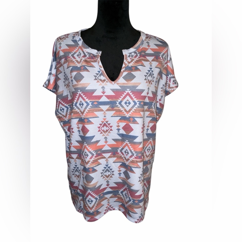 Fantastic Fawn Multicolor Aztec V-Neck Blouse, Size Oversized Small, NWT